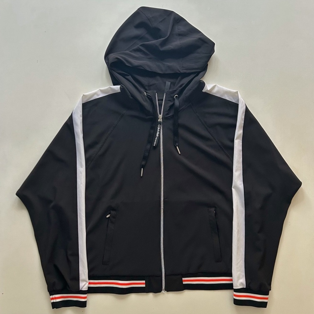 Calvin Klein Black Hooded Zip Windbreaker White Stripes Size Medium Fall/Winter